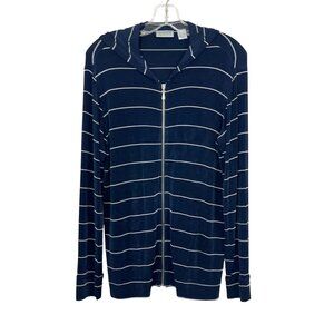 Chico's Travelers Navy Blue & White Striped Full Zip Jacket Hoodie Size 1, Small